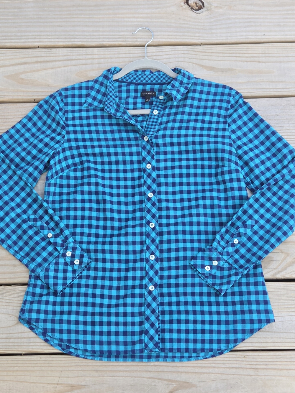 Talbots Blue & Black Gingham Button Up Long Sleeve Blouse Small